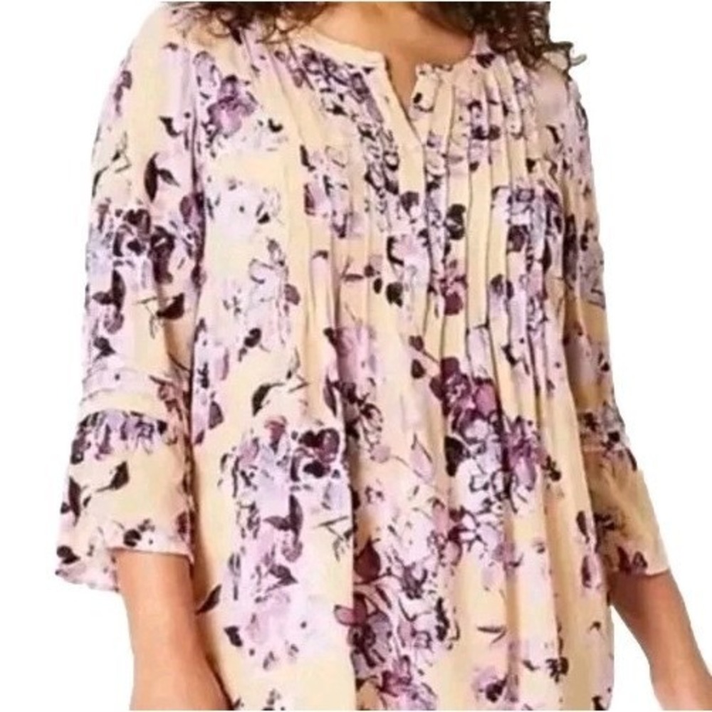 J Jill Womens Pastel Floral Blouse Sz LP Large Petite Pintucked Bell Sleeve